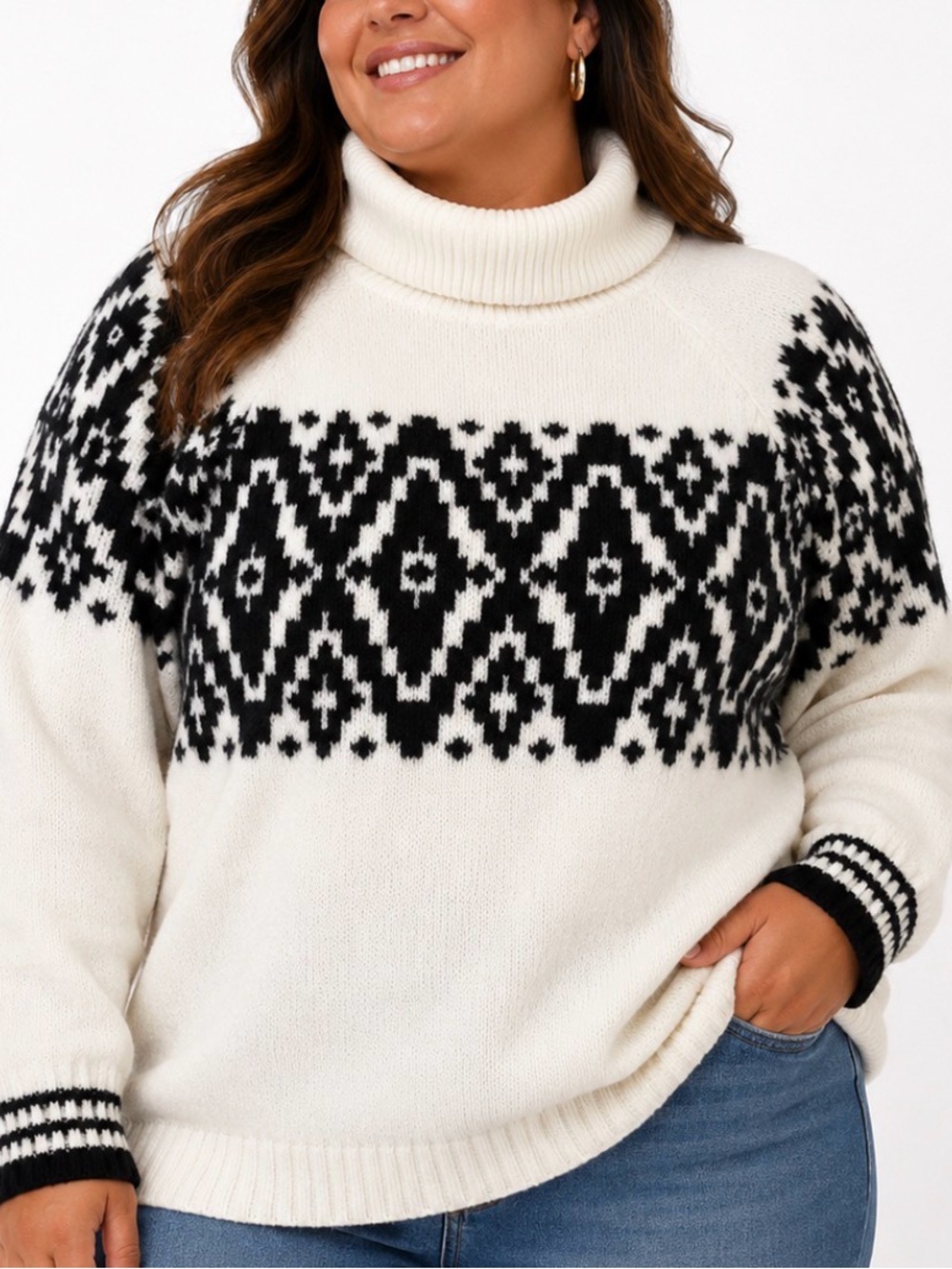 Maurices Cozy Black & White Fair Isle Turtleneck Sweater SZ XL chunky knit